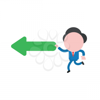 Vector illustration concept of businessman character running and holding green left arrow icon.