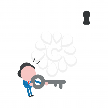 Vector illustration concept of businessman character holding key icon and looking keyhole above.