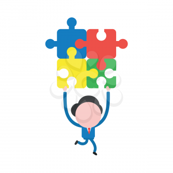 Vector illustration concept of businessman character running and carrying connected four jigsaw puzzle pieces.