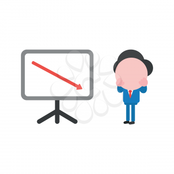 Vector illustration concept of businessman character with sales chart and arrow moving down.
