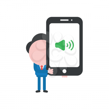 Vector illustration concept of businessman character holding black smartphone with green speaker sound icon.