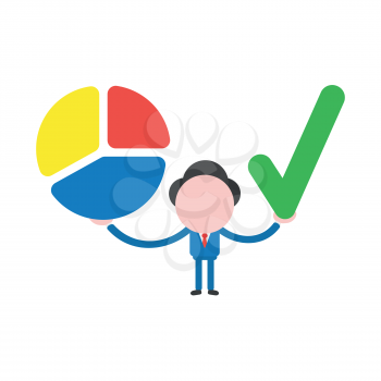 Vector illustration concept of businessman character holding three parts diagram pie chart and green check mark icon.