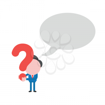 Vector illustration concept of businessman character holding red question mark icon with blank speech bubble.