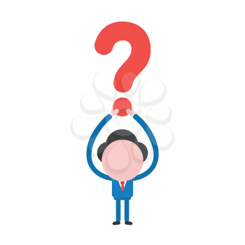 Vector illustration of faceless businessman character holding up question mark.