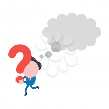 Vector illustration of faceless businessman character with blank thought bubble, running and carrying question mark.