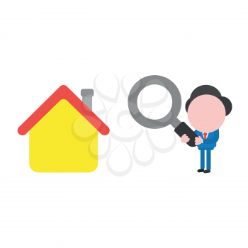Vector illustration of faceless businessman character looking magnifying glass to house.