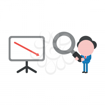 Vector illustration of faceless businessman character looking magnifying glass to sales chart moving down.