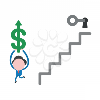 Vector illustration of faceless businessman character unlock keyhole with key at top of stairs and earn dollar money.