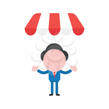 Vector illustration of faceless businessman character under shop store awning.