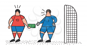 Vector illustration cartoon soccer player man giving bribe and goalkeeper taking money.