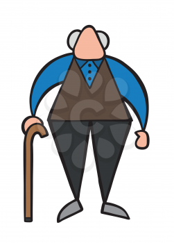 Vector illustration cartoon old man standing with wooden walking stick.