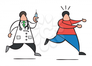 Vector illustration cartoon doctor man with stethoscope and running, holding syringe ready for injection and patient scared and running away.