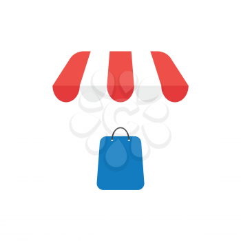 Flat design vector illustration concept of blue shopping bag under red and white awning symbol icon on white background.