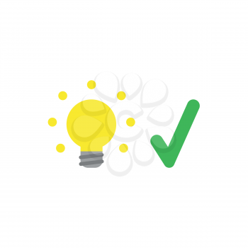 Flat design vector illustration concept of glowing yellow light bulb with green check mark symbol icon on white background.