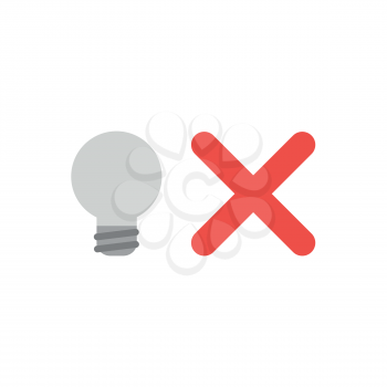 Flat design vector illustration concept of grey light bulb with red x mark symbol icon on white background.