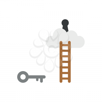 Flat design vector illustration concept of grey key symbol icon reach to keyhole on cloud with brown wooden ladder on white background.