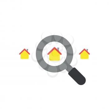Flat design vector illustration concept of look for house with magnifying glass symbol icon on white background.