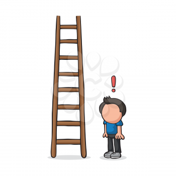 Vector hand-drawn cartoon illustration of man looking wooden ladder with exclamation mark.