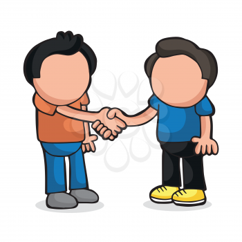 Vector hand-drawn cartoon illustration of two men standing shaking hands.