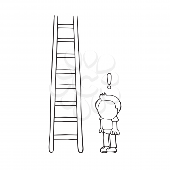 Vector hand-drawn cartoon illustration of man looking wooden ladder with exclamation mark.
