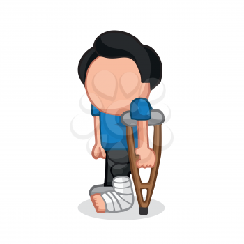 Vector hand-drawn cartoon illustration of man standing with leg in cast holding crutches.