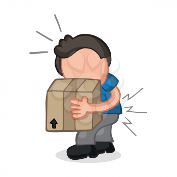 Vector hand-drawn cartoon illustration of man walking carrying heavy box and get pain from backache.