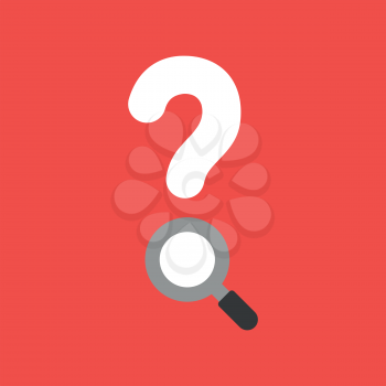Flat vector icon concept of question mark with magnifying glass on red background.