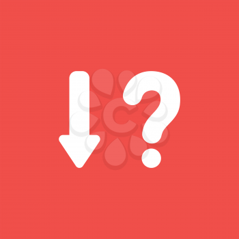 Flat vector icon concept of arrow moving down and question mark on red background.