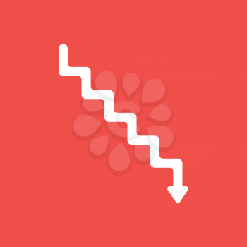 Flat vector icon concept of stairs with arrow moving down on red background.