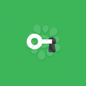 Flat vector icon concept of key into keyhole on green background.