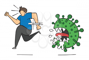 Hand drawn vector illustration of Wuhan corona virus, covid-19. Man running away from virus. 