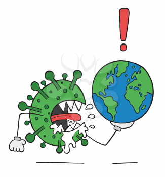 Hand drawn vector illustration of Wuhan corona virus, covid-19. Virus monster is holding world globe.