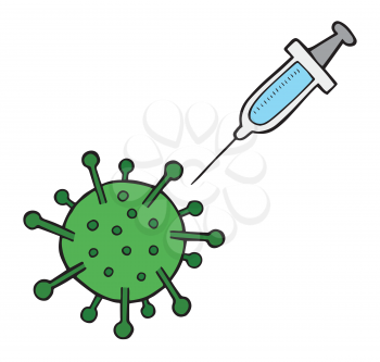Hand drawn vector illustration of Wuhan corona virus, covid-19. Virus and syringe. 