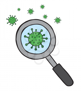 Hand drawn vector illustration of Wuhan corona virus, covid-19. Look with a magnifying glass.