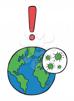 Hand drawn vector illustration of Wuhan corona virus, covid-19. World and exclamation mark.