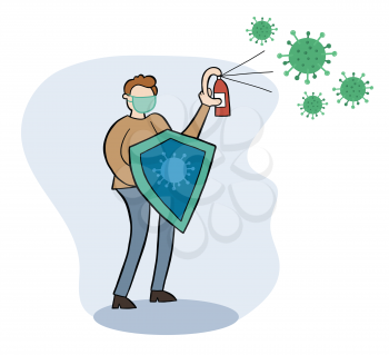 Hand drawn vector illustration of Wuhan corona virus, covid-19. Protected from viruses and kills with shield and spray.