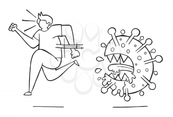 Hand drawn vector illustration of Wuhan corona virus, covid-19. Man running away from virus. White background and black outlines.