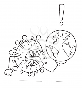 Hand drawn vector illustration of Wuhan corona virus, covid-19. Virus monster is holding world globe. White background and black outlines.