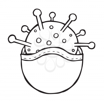 Hand drawn vector illustration of Wuhan corona virus, covid-19. Virus and medical mask. White background and black outlines.