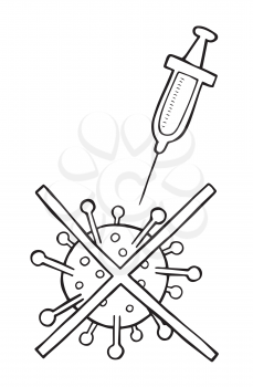 Hand drawn vector illustration of Wuhan corona virus, covid-19. Stop virus with syringe. White background and black outlines.
