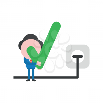 Vector illustration of faceless businessman character holding check mark with plug plugged into outlet.