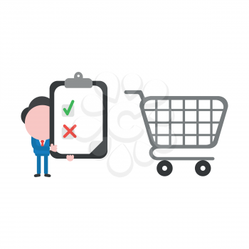 Vector illustration of faceless businessman character holding clipboard with check and x marks and shopping cart.