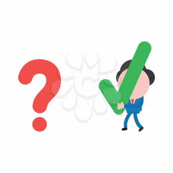 Vector illustration businessman mascot character walking and carrying check mark solution to question mark problem.