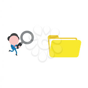 Vector illustration businessman mascot character running and holding magnifying glass to open file folder.