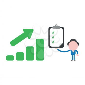 Vector illustration businessman mascot character with sales bar chart moving up and holding clipboard with check marks.