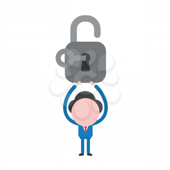 Vector illustration businessman mascot character holding up open padlock, unlock with key.
