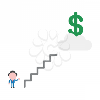 Vector illustration businessman mascot character showing stairs to reach dollar money on cloud.