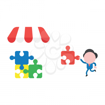 Vector illustration businessman mascot character running and carrying missin jigsaw puzzle piece to three connected pieces under shop store awning.