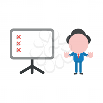 Vector illustration businessman mascot character showing hand stop sign with presentation chart and x marks.