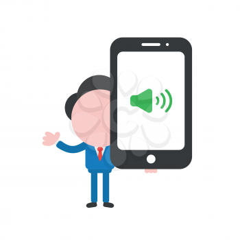 Vector illustration businessman mascot character holding smartphone with sound symbol.